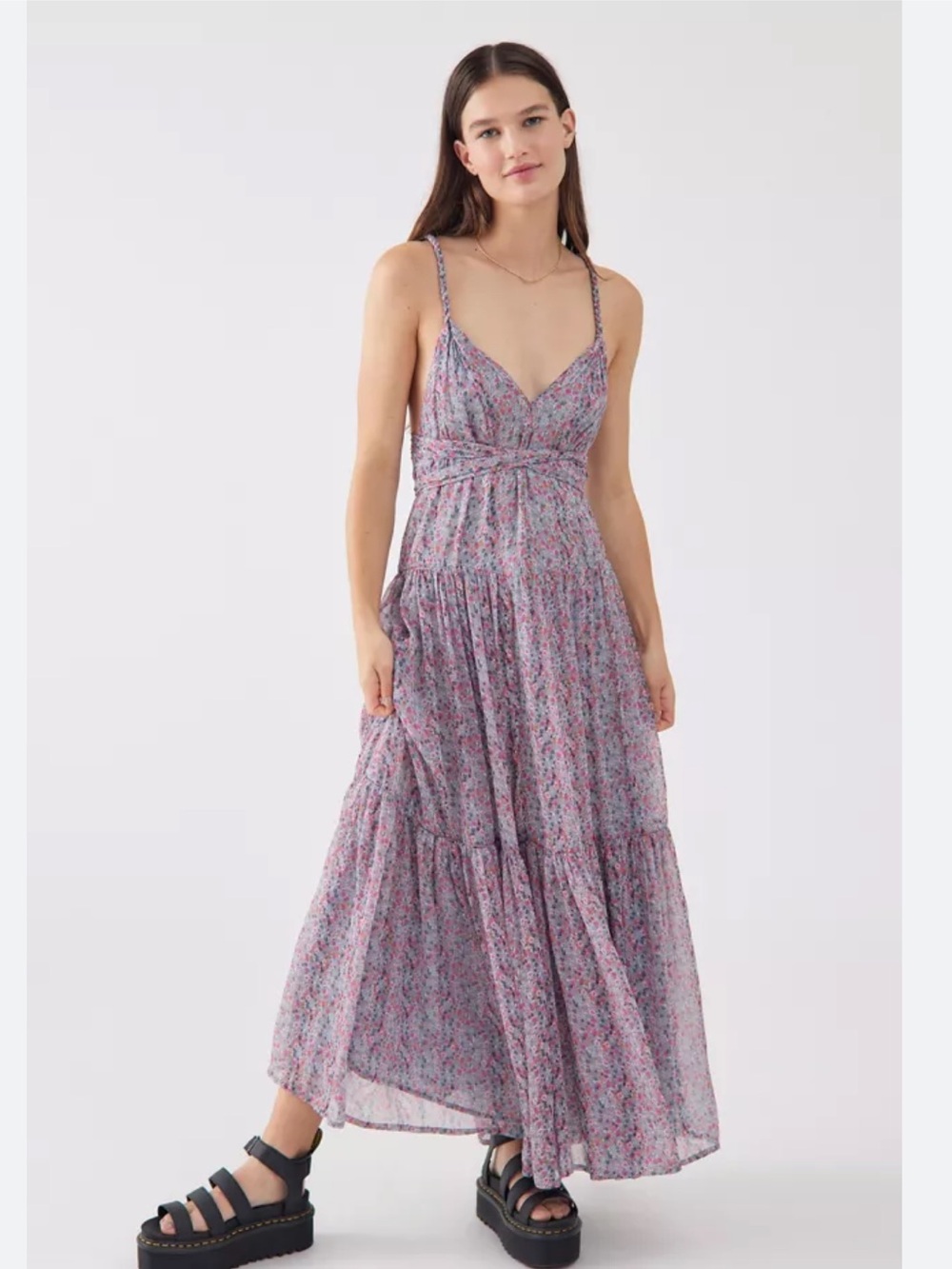 Astr wedding guest summer Floral Tiered Maxi Dress in Pink and Blue
